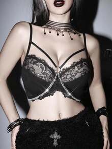 ROMWE Grunge Punk Punk Lace Trim Metal Chain Underwire Bralette - Black - View 1