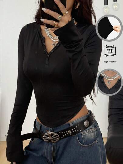 Coolane Women's Fall Basic Back To School Going Out Minimalist Going Out Basic Vintage Stretchy V-Neck Button Down Black Long Sleeve T-Shirt