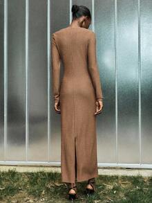 Lumivelle Women's Elegant Minimalist Fitted Bubble Textured Square Neck Long Sleeve Dress, Autumn/Winter