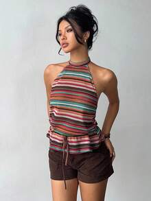 Aloruh Orange Red Striped Print Drawstring Waist Halter Top,Summer Boho Vacation Holiday Fall Clothes For Women Halloween Costumes Winter Clothes - Multicolor - View 6