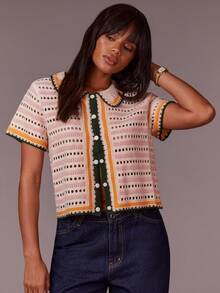 Athîral Casual Women Hollow Out Peter Pan Collar Knitted Top,Knitted Sweater - Multicolor - View 4