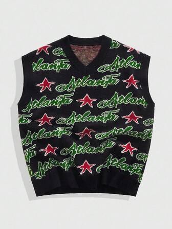 Street Life Maglia smanicata da uomo con scollo a V e motivo a stelle e lettere, abbigliamento casual, autunno inverno