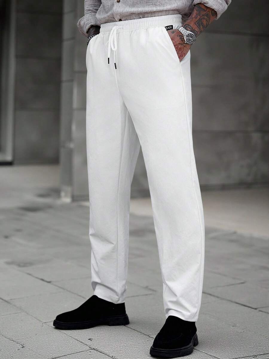 Manfinity Homme 男士秋季户外2025秋季男士抽绳腰口袋直筒宽松休闲裤男士直筒运动裤，秋季 - 白色 - 查看 1