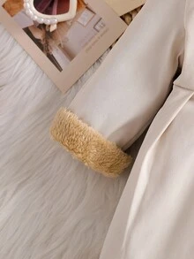 SHEIN 女婴仿毛领蝴蝶结装饰羊毛夹克，秋冬款 - 彩色 - 查看 7