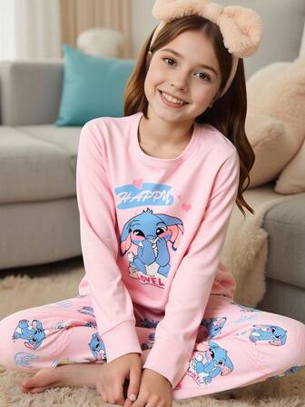 SHEIN 2pcs/Set Girls Cute Blue Pattern Print & Pink Round Neck Long Sleeve Top And Pants Knit Fabric Comfortable Soft High Stretch Skinny Fit Pajamas