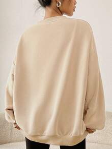 SHEIN EZwear Black Cat Peeking Cute Graphic Print Casual Loose Fit Crew Neck Long Sleeve Thick Sweatshirt For Women, Autumn/Winter - Apricot - View 2