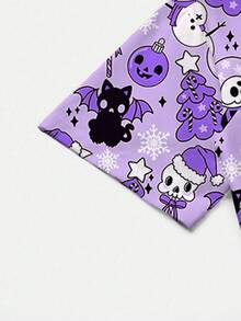 PopScrub 女士 V 领短袖全印花制服磨砂上衣 - 紫色 - 查看 3