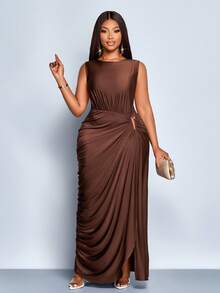 SOLERSUN 女式加大码优雅纯色褶皱镂空时尚金属环扣小众设计褶皱开衩无袖长款连衣裙秋冬装、休闲装、派对装、伴娘装、万圣节装、圣诞节装、除夕装、节日装、茧型裹身裙、毕业礼服、优雅女士连衣裙、女士秋季服装、女士冬季连衣裙、新年造型、舞会礼服、棕色连衣裙 - 咖啡棕 - 查看 5