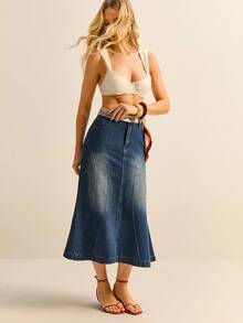 Daynim 女士休闲牛仔纽扣 A 字裙，百搭日常穿着 - 中等水洗藍 - 查看 1