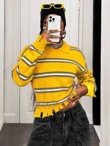 BamGleam Suéteres de mujer, de manga larga tejidos, con rayas amarillas, sensación de desgarro multicolor gris, estilos regulares, casuales, para viajes, vacaciones y fiestas, ropa de mujer, estilos de primavera y otoño, estilos de invierno y verano