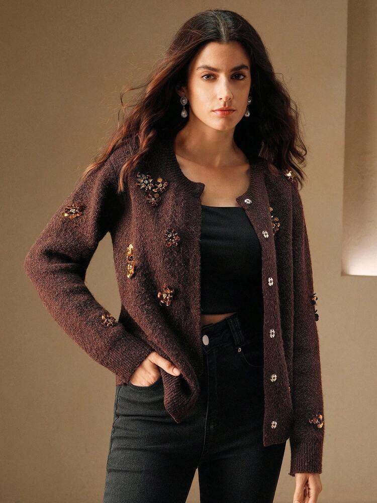 ヴィンテージ エレガントな フローラル ビーズ カーディガン、オフィスウェア、秋冬