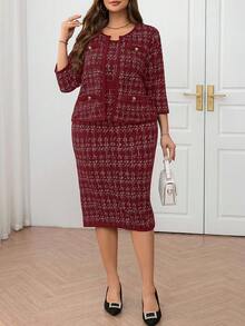 SHEIN Clasi Bộ 2 món thanh lịch, áo khoác hở trước tay 3/4 họa tiết kẻ caro cỡ lớn dành cho nữ, mùa thu - Màu Đỏ Sâu - Xem 5