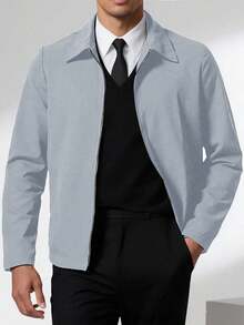 Manfinity Homme 男士休闲纯色拉链长袖夹克，秋季 - 淺灰色 - 查看 6