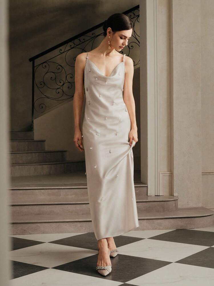 Vacation Style Wedding Party Sexy Spaghetti Strap Backless Pearl Decor Satin Maxi Dress For Women