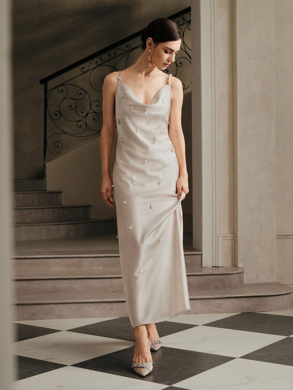 Vacation Style Wedding Party Sexy Spaghetti Strap Backless Pearl Decor Satin Maxi Dress For Women