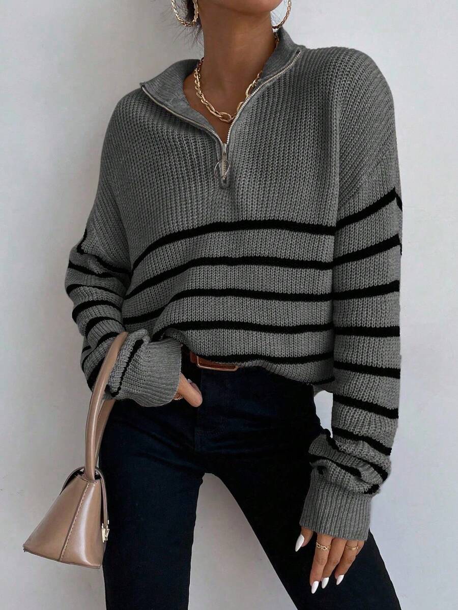 EMERY ROSE Women's Casual Loose Fit Dropped Shoulder Striped Pullover Sweater - Dark Grey - View 1