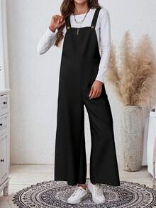 SHEIN LUNE 女士休闲黑色宽松连体裤，带口袋，适合秋季