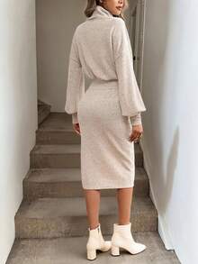 Easowa Women's Casual Solid Color High Neck Split Hem Everyday Knit Dress, Fall/Winter - Apricot - View 2