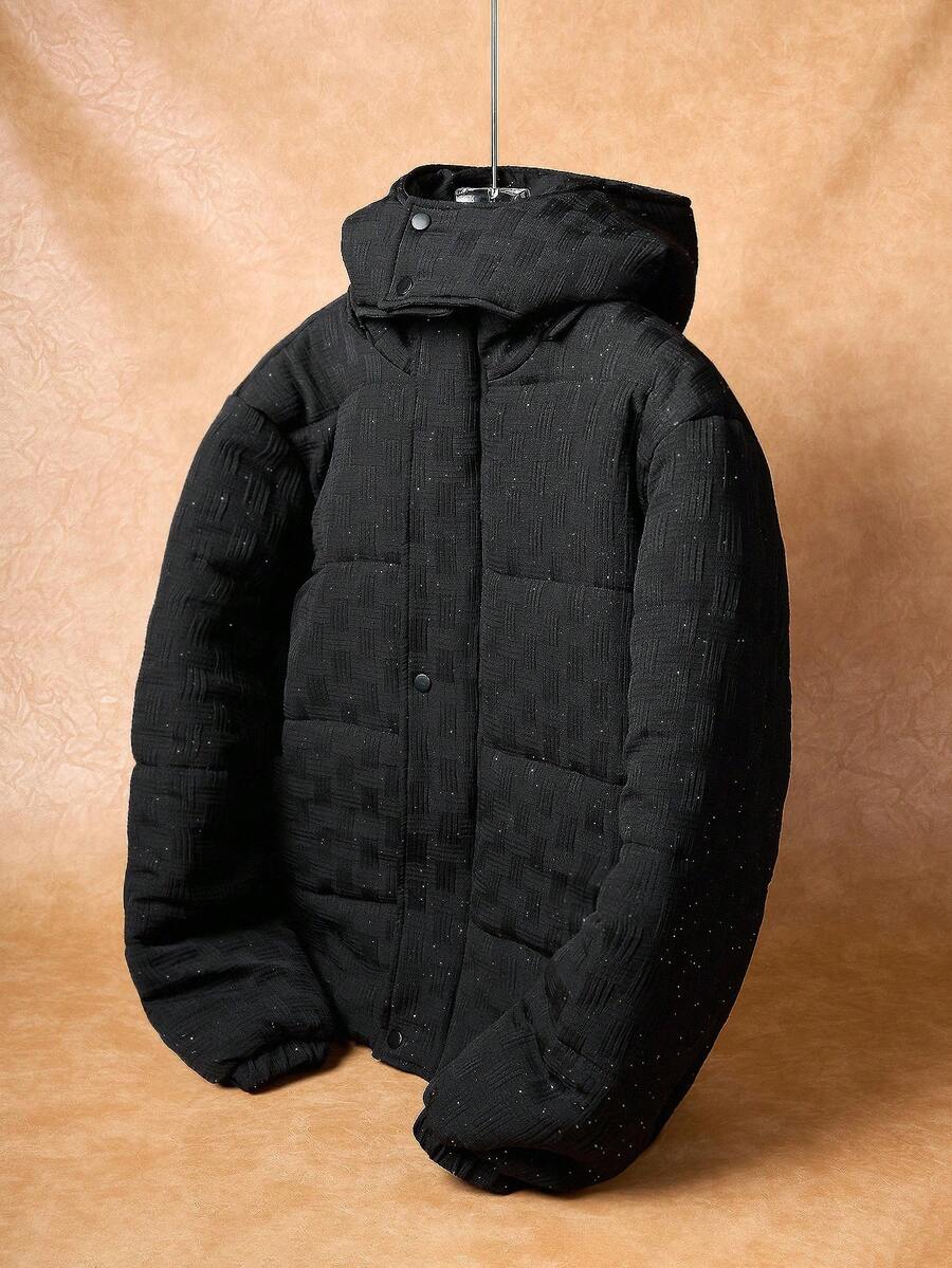 Manfinity Roghcode 男士纯色连帽休闲保暖绗缝棉服外套，格纹图案，冬季，秋季 - 黑色 - 查看 1