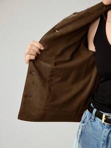 Uhlyne 女士复古经典复古硬币设计优雅休闲西装外套，配有仿口袋和纽扣，简约通勤夹克 - 咖啡棕 - 查看 8