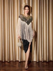 Vintamour 时尚亮片刺绣流苏下摆披肩上衣 - 黑色和金色 - 查看 4