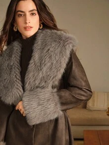 Anewsta Women's Leather Jacket With Fur Collar And Sleeves, Belted Design, Minimalist Long Style - Brown - View 3