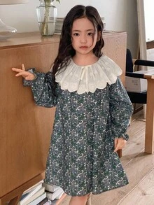 Dazy Kids Gaun Longgar Lengan Panjang Motif Bunga dengan Hiasan Pita dan Hem Berkerut untuk Anak Perempuan - MultiWarna - View 5