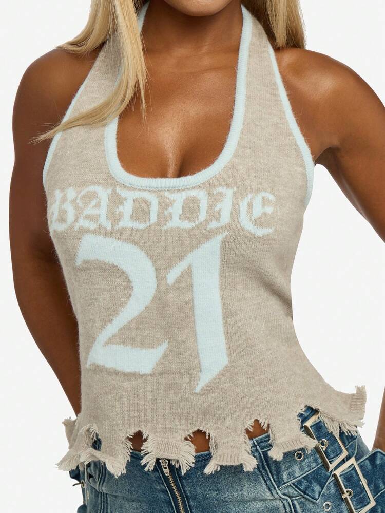 SUMWON WOMEN Knitted Halter Tank With Varsity Print