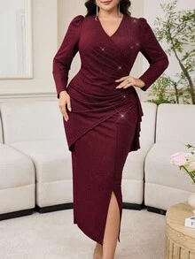 Modelyn 大码女式 V 领荷叶边长袖侧开衩下摆修身优雅闪光中长连衣裙 - 酒紅色 - 查看 6