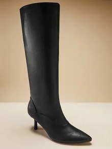 SHUZIA Women's Glamorous Sexy Pointy Toe Kitten Heel Mid-Calf Boots - Black - View 6