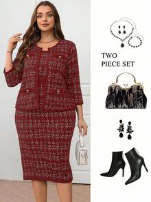 SHEIN Clasi Bộ 2 món thanh lịch, áo khoác hở trước tay 3/4 họa tiết kẻ caro cỡ lớn dành cho nữ, mùa thu - Màu Đỏ Sâu - Xem 2