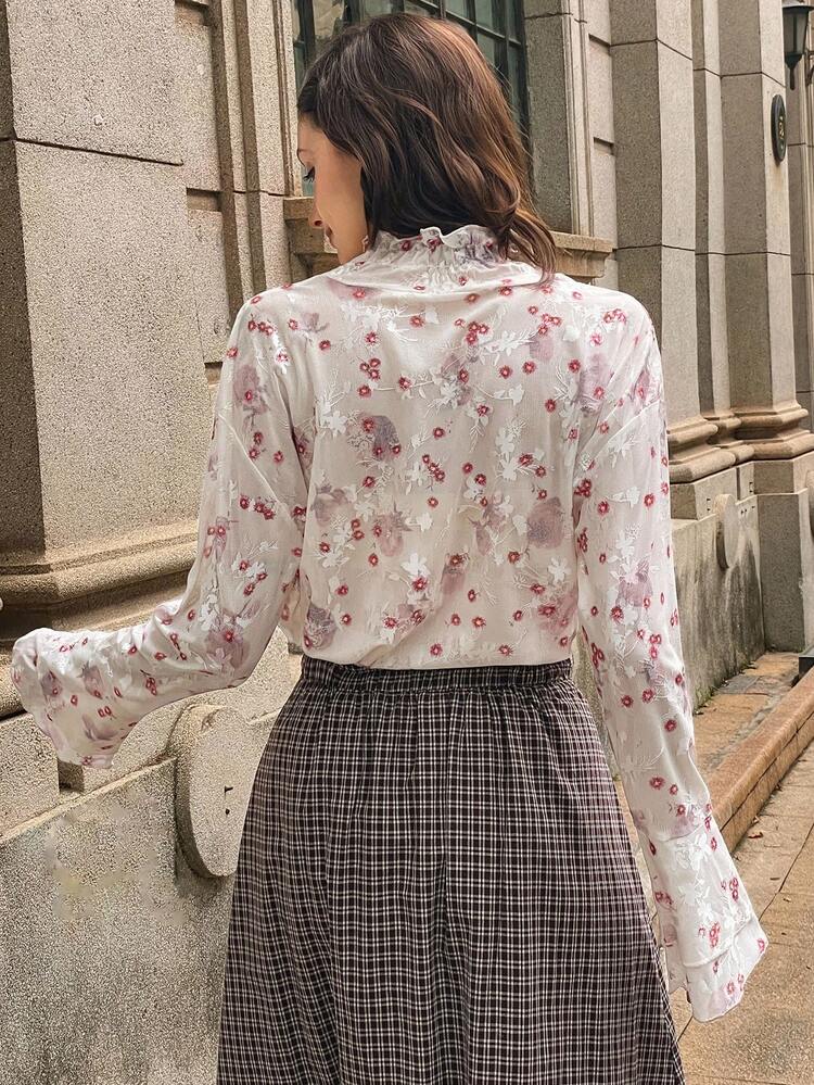Women's Ditsy Floral Ruffle Collar Loose Elegant Pullover Blouse With Flare Sleeves, Autumn/Winter Long Sleeve Top Boho