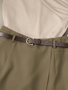 Franclia 休闲时尚百搭通勤高弹力纯黑色单肩百褶上衣配卡其色假口袋裙裤配腰带女士两件套 - 棕色 - 查看 4