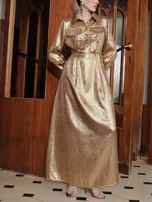 Uhlyne Váy dài tay đính nút kim loại tối giản màu vàng dành cho nữ, phù hợp cho tiệc tùng và hẹn hò mùa thu/đông - Vàng - Xem 3