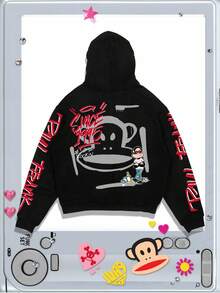 ROMWE MEN Paul Frank X ROMWE 男士休闲字母和猴子印花连帽衫和裤子套装，秋季 - 黑色 - 查看 5