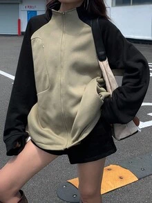 DAZY 女式撞色宽松立领长袖休闲羊毛夹克秋冬 - 軍綠色 - 查看 3