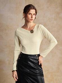 House of One Textured Knit Asymmetrical Neckline Fitted Top With Metal Flower Deco Women Autumn Elegant Wear