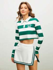 SHEIN Unity 女式撞色条纹半拉链休闲落肩宽松短款运动 Polo 衫 - 綠色 - 查看 3