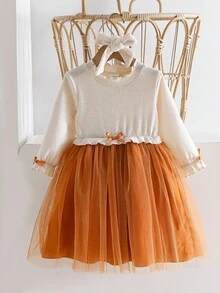 SHEIN Váy bé gái cổ tròn tay bồng có nơ eo, viền bèo nhún, phù hợp cho dịp lễ Halloween/thu - màu nâu - Xem 8