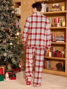 CoupledUp Plaid Print Men's Button-Front Pajama Set, Fall Winter Clothes, For Christmas - Apricot - View 4