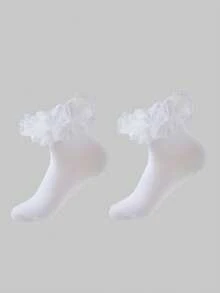 ROMWE Kawaii Women's Fashionable Mid-Calf Socks With Hollow Ruffled Design - Silver white - View 4