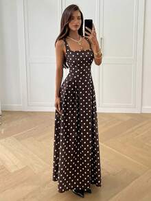 Aloruh 女式方领无袖棕色波点荷叶边下摆连衣裙 - 棕色 - 查看 4