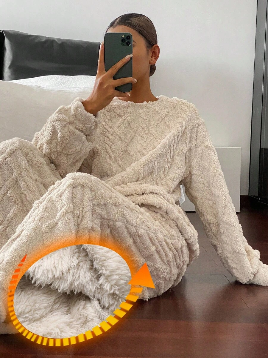 DAZY 女士加厚抓绒宽松蓬松睡衣套装，秋冬服装，舒适保暖 - 卡其色 - 查看 1