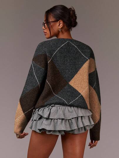 Athîral Women's Khaki & Grey Argyle V-Neck Crochet Sweater | Retro Patterned Relaxed-Fit Knit ,Chic Autumn,Suitable For Commuting,British College Style,Warmth,Autumn/Winter,Winter Clothes For Women