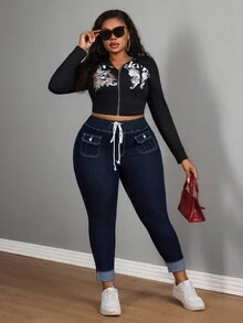 Slaydiva Quần jean bó ống loe cạp chun màu xanh dương, phong cách Cowgirl cỡ lớn mùa đông dành cho nữ, Rodeo - Rửa tối - Xem 5