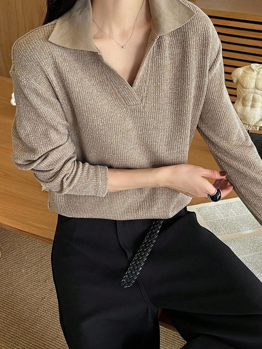 Livesso Women's Loose Business Casual Solid Color Knit Patchwork Long Sleeve T-Shirt, Suitable For Office Wear In Autumn - Khaki - View 1