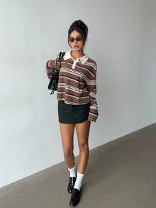 SHEIN X Scot Louie Aloruh Áo nỉ polo kẻ sọc thu/đông nữ, 2 trong 1, phong cách Y2K cổ điển, thường ngày, phong cách sinh viên - Nhiều màu - Xem 5