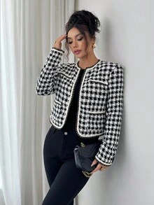Elenzga Chaqueta de mujer de tela elegante y romántica para ir al trabajo - Blanco y Negro - Ver 3