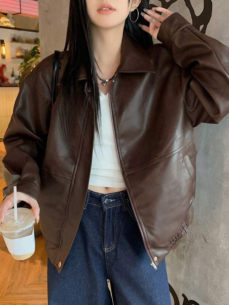 Women Tall Size Turndown Collar PU Leather Casual Jacket