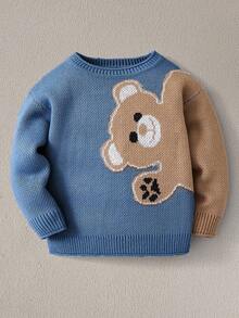 SHEIN Young Boy Cartoon Bear Round Neck Long Sleeve Casual Sweater, Autumn Fall Winter - Multicolor - View 1